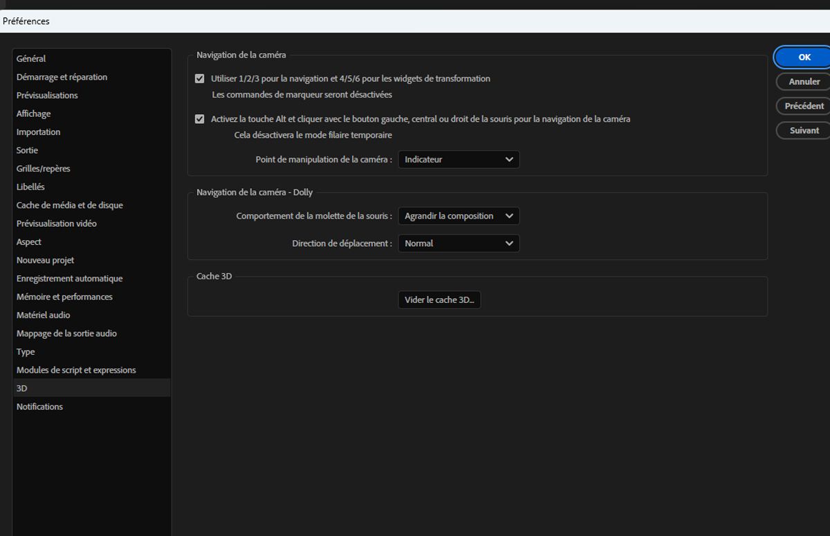 La boîte de dialogue de préférences 3D est ouverte et les paramètres 3D sont répertoriés.