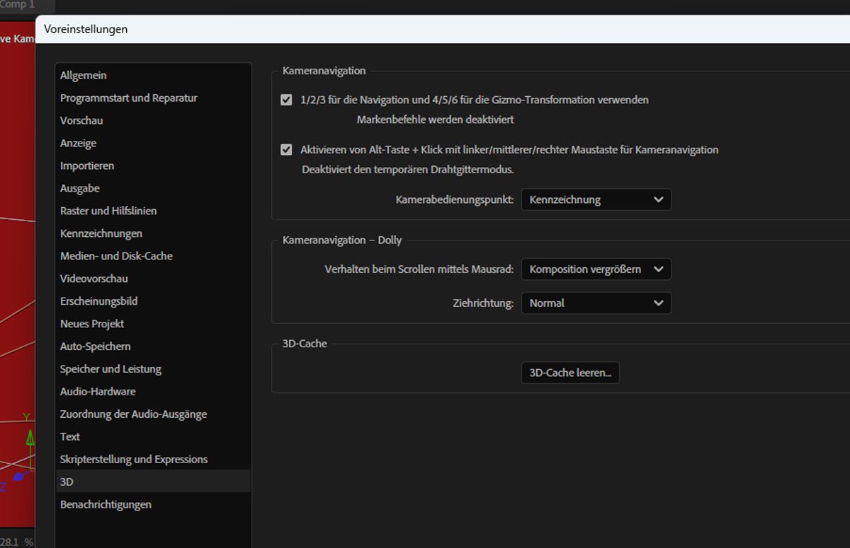 Das Dialogfeld „3D-Voreinstellungen“ ist geöffnet und es sind 3D-Einstellungen aufgeführt.