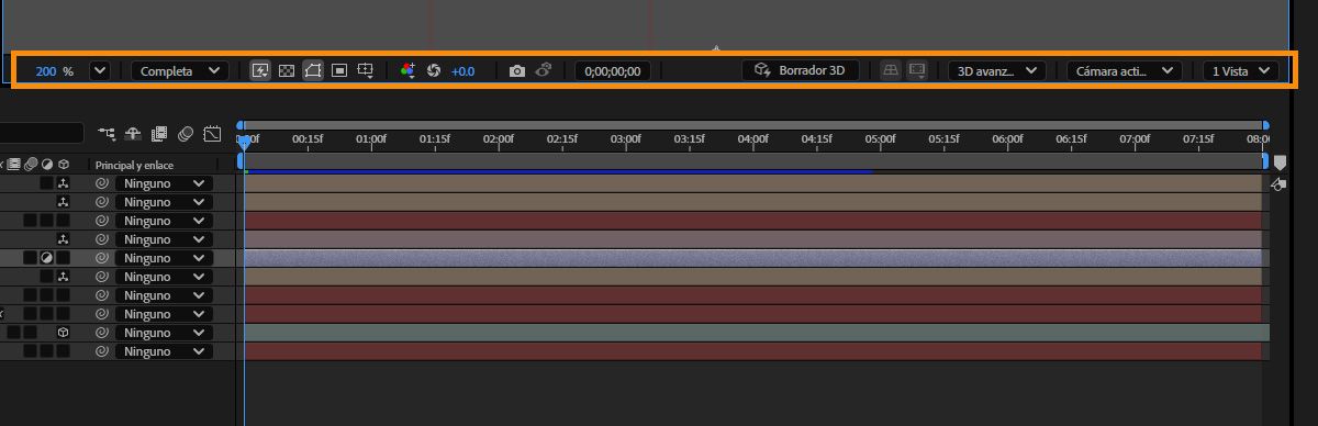 Barra de herramientas de composición con la opción 3D desactivada (arriba) y activada (abajo)
