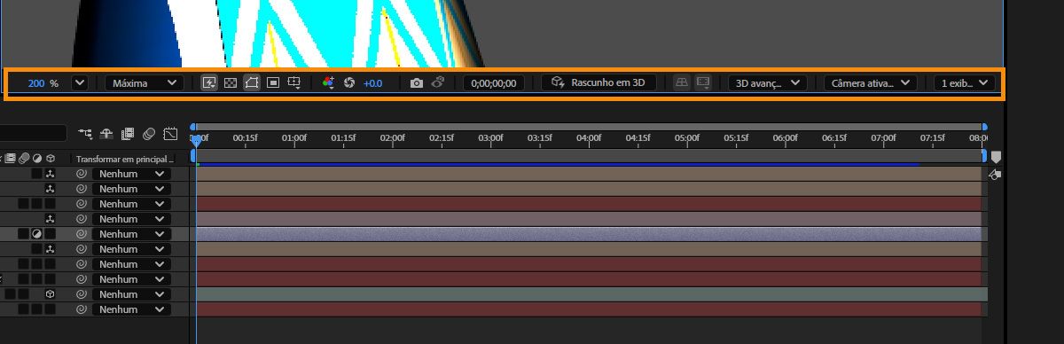A barra de ferramentas de composição com 3D desativada (acima) e ativada (abaixo)