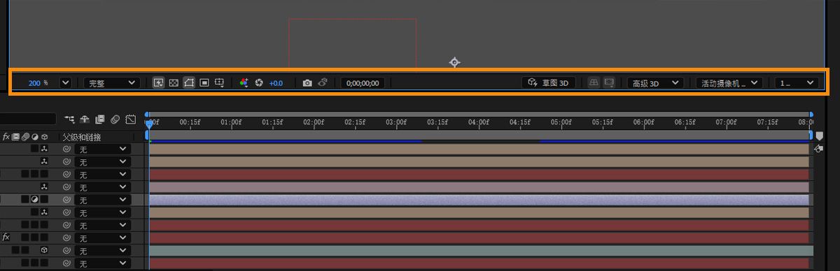 具有关闭 3D（顶部）和打开 3D（底部）选项的合成工具栏