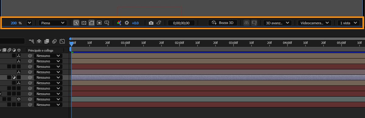 Barra degli strumenti di composizione con 3D disattivato (in alto) e attivato (in basso)
