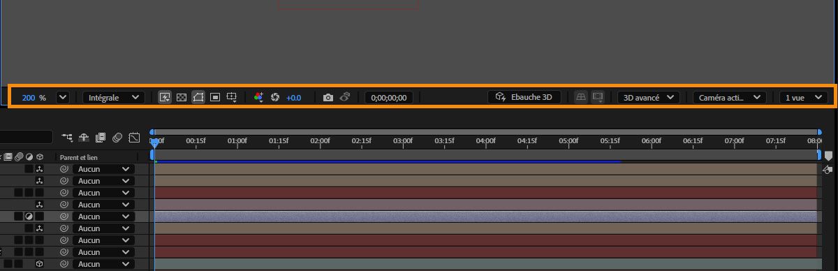 La barre d’outils de composition avec la 3D désactivée (en haut) et activée (en bas).