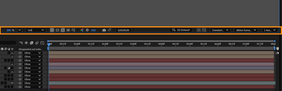 Die Kompositionssymbolleiste mit ausgeschaltetem (oben) und eingeschaltetem (unten) 3D