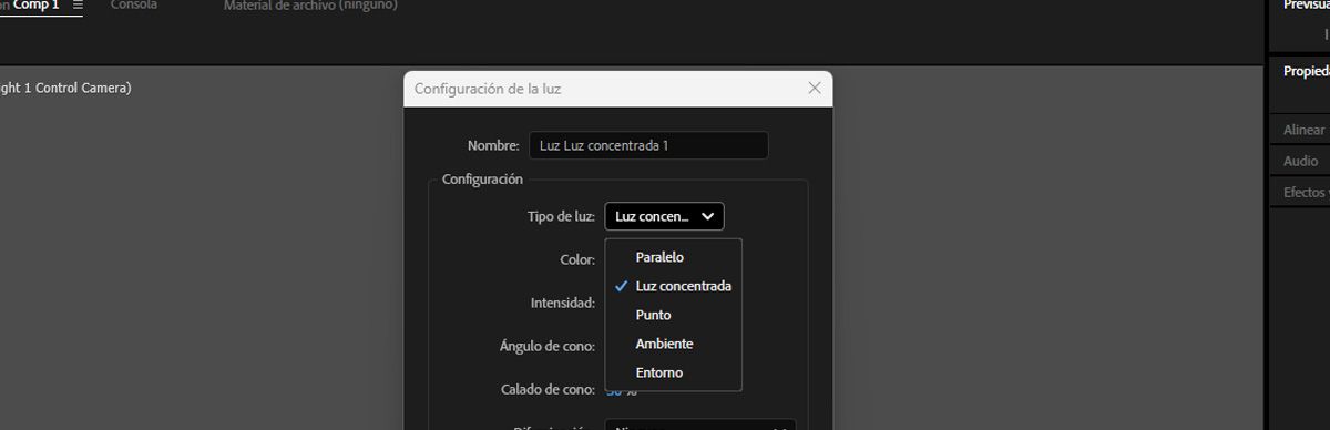 El cuadro de diálogo Ajustes de luz está abierto y para el Tipo de luz, Luz concentrada está seleccionado de la lista.