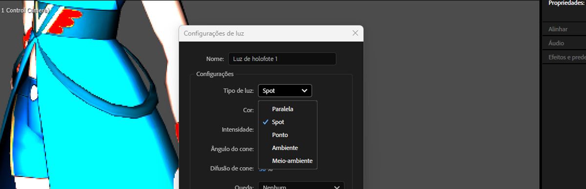 A caixa de diálogo Configurações de luz aberta com o tipo de luz Holofote selecionado na lista.