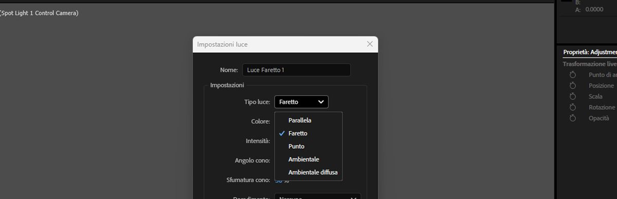 La finestra di dialogo Impostazioni luce aperta e per Tipo luce dall’elenco è selezionato Faretto.