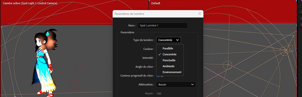 La boîte de dialogue Paramètres de lumière est ouverte et pour le type de lumière, Spot est sélectionné dans la liste.