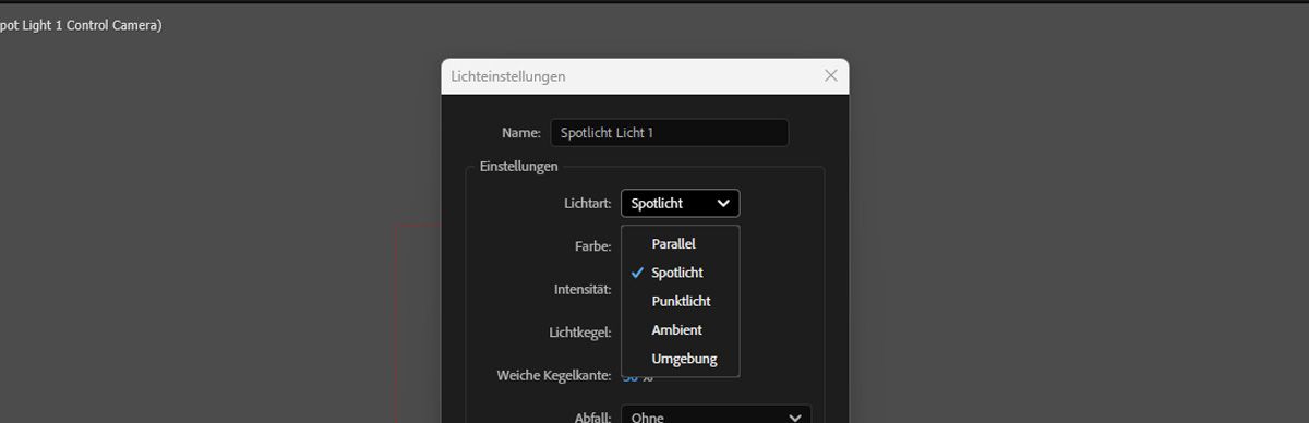 Das Dialogfeld „Lichteinstellungen“ ist geöffnet und für den Lichttyp ist „Spot“ aus der Liste ausgewählt.