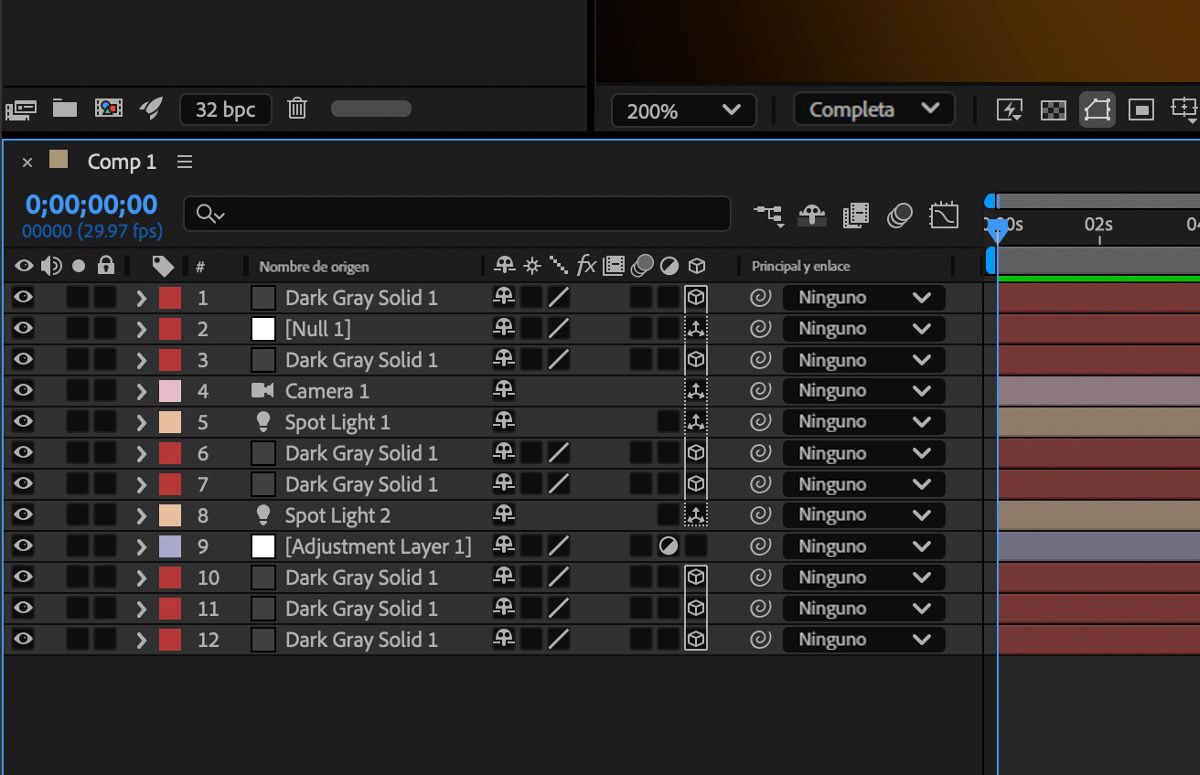 El panel Línea de tiempo muestra varias capas, incluidas las capas 3D, agrupadas. Un contorno alrededor de los iconos 3D indica qué capas se encuentran en la misma bandeja 3D y, por consiguiente, se procesan de forma conjunta.