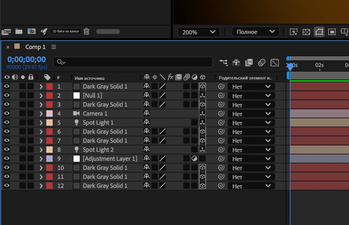 На панели «Временная шкала» отображаются различные слои, в том числе 3D-слои, сгруппированные вместе. Контур вокруг значков 3D показывает, какие слои находятся в одной 3D-подборке и вместе проходят рендеринг.