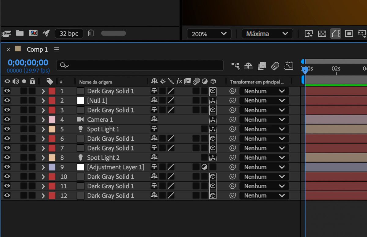 O painel “Linha do tempo” exibe várias camadas agrupadas, incluindo camadas 3D. Um contorno em torno dos ícones 3D indica quais camadas estão no mesmo compartimento 3D e são renderizadas juntas.
