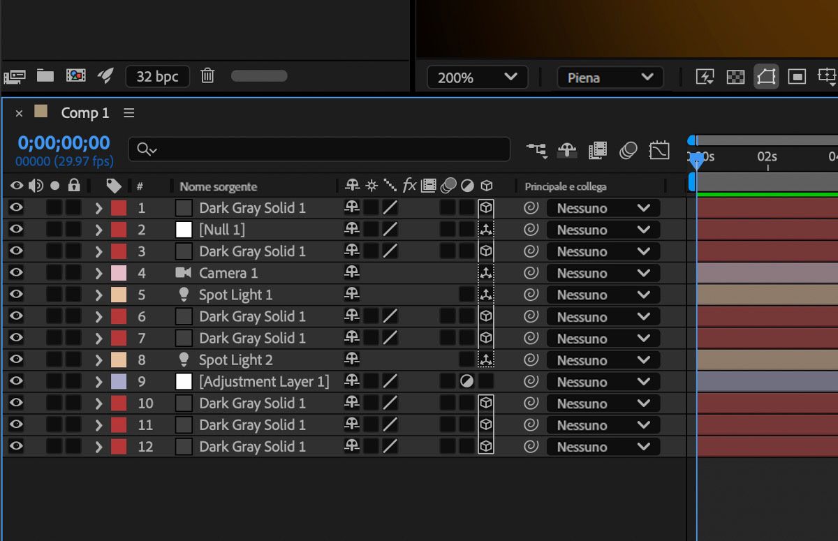 Pannello Timeline che mostra livelli diversi, compresi i livelli 3D, raggruppati insieme. Un contorno attorno alle icone 3D mostra quali livelli si trovano nello stesso raccoglitore 3D e quindi sottoposti a rendering insieme.