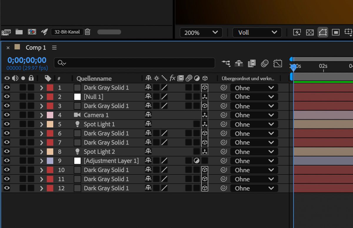 Im Bedienfeld „Zeitleiste“ werden verschiedene Ebenen, einschließlich 3D-Ebenen, gruppiert angezeigt. Ein Umriss um die 3D-Symbole zeigt an, welche Ebenen sich in derselben 3D-Gruppe befinden und zusammen gerendert werden.