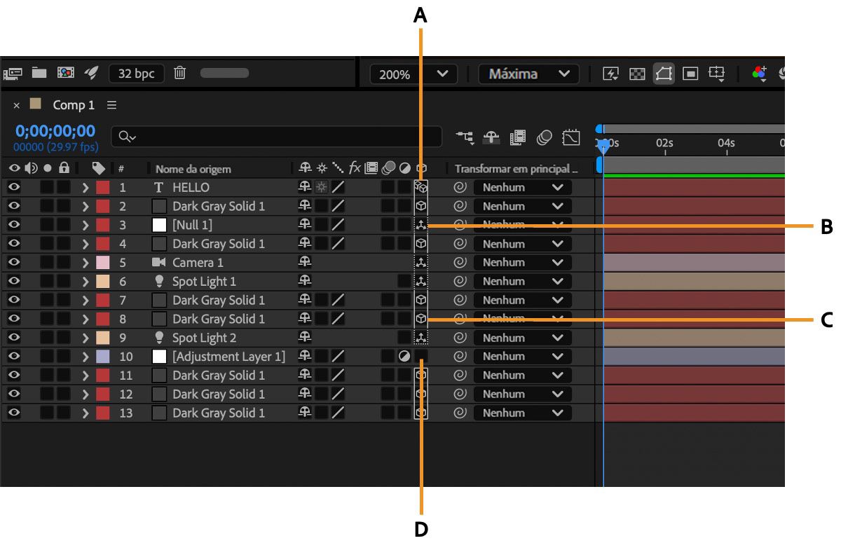 O painel “Linha do tempo” exibe várias camadas agrupadas, incluindo camadas 3D. Um contorno em torno dos ícones 3D indica quais camadas estão no mesmo compartimento 3D e são renderizadas juntas.
