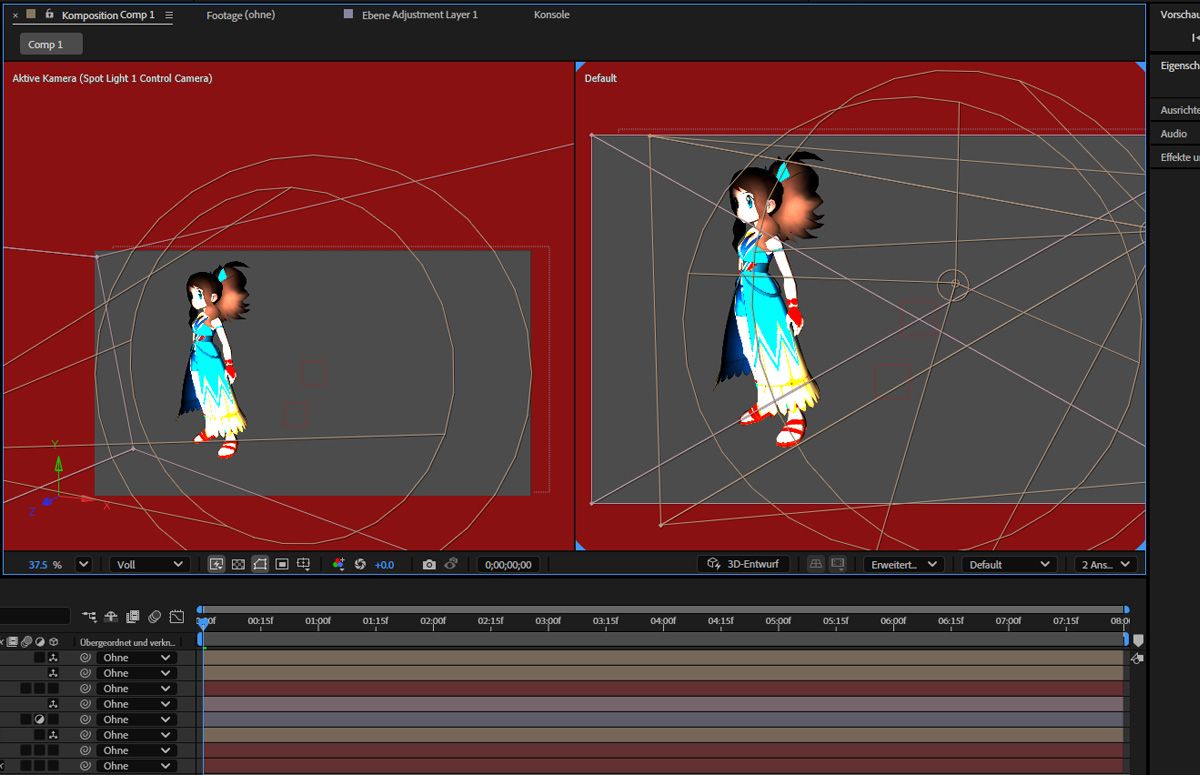Die Option „2 Ansichten“ wird aktiviert, und die Auswirkungen der Lichtanpassung werden in zwei verschiedenen Ansichten gezeigt.