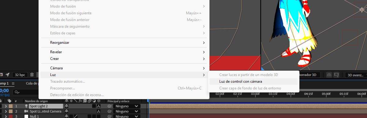 El menú Capa está abierto y se selecciona el submenú de luz de la lista. En el menú Luz, se selecciona Control de luz con cámara.