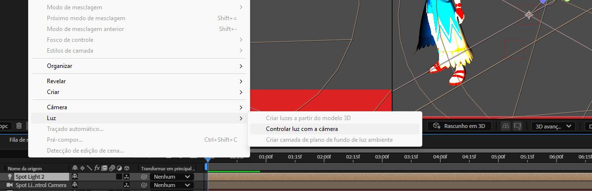 O menu Camada aberto e o submenu Luz selecionado na lista. No menu Luz, a opção Controlar luz com a câmera está selecionada.