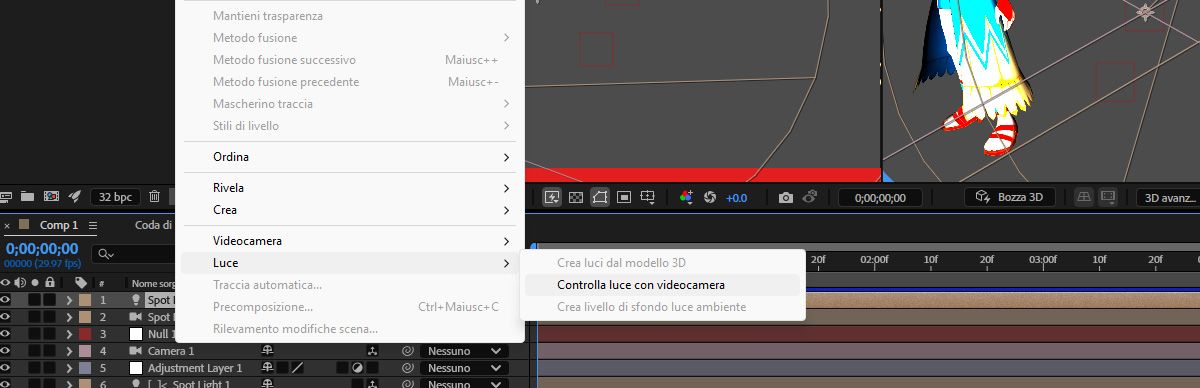 Menu Livello aperto e con il sottomenu Luce selezionato dall’elenco. Dal menu Luce, è selezionato Controlla luce con videocamera.