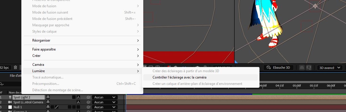 Le menu Calque est ouvert et le sous-menu Lumière est sélectionné dans la liste. Dans le menu Lumière, Contrôler l’éclairage avec la caméra est sélectionné.