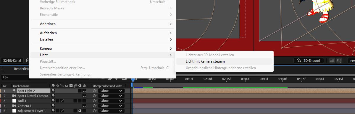 Das Menü „Ebene“ ist geöffnet und das Untermenü „Licht“ ist aus der Liste ausgewählt. Im Menü „Licht“ ist die Option „Licht mit Kamera steuern“ ausgewählt.