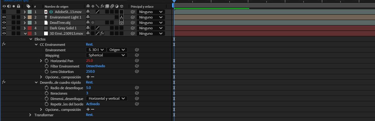Se muestran las propiedades de la nueva capa de luz, con la luz de entorno. Con esta acción se crea una capa sólida en la parte inferior de la composición, con el Entorno CC vinculado al mapa de origen de la luz seleccionada y un desenfoque de caja rápido de 5 píxeles aplicado para suavizar el fondo.