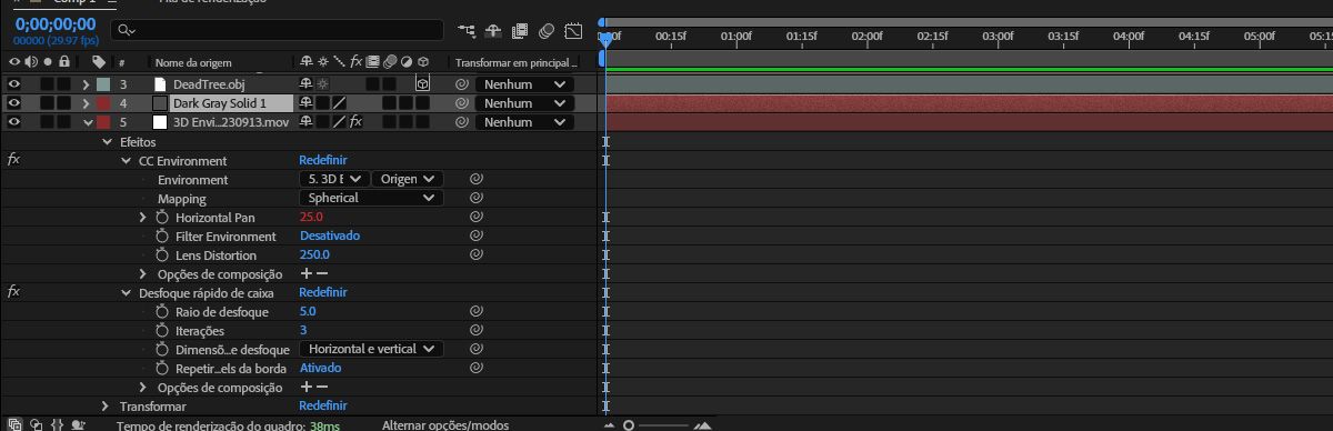 As propriedades da nova camada de luz são exibidas, mostrando a luz ambiente. Essa ação cria uma camada sólida na parte inferior da composição, com o Ambiente CC vinculado ao mapa de origem da luz selecionada e um Desfoque rápido de caixa de 5px aplicado para suavizar o fundo.