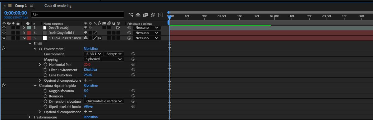 Vengono visualizzate le proprietà del nuovo livello luce, con la luce Ambiente. Questa azione crea un livello in tinta unita nella parte inferiore della composizione, con l’Ambiente CC collegato alla mappa Sorgente della luce selezionata e un effetto Sfocatura riquadri rapida di 5px applicato per sfumare lo sfondo.