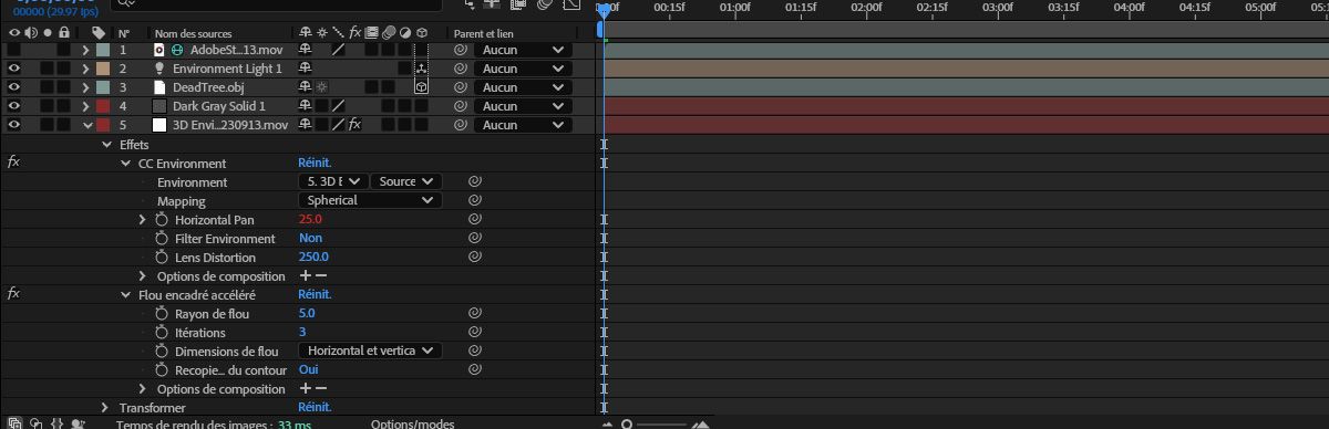 Les propriétés du nouveau calque de lumière s’affichent, avec l’éclairage d’environnement. Cette action crée un calque solide au bas de la composition, avec l’effet CC Environment lié au calque source de la lumière sélectionnée et un flou encadré accéléré de 5 pixels appliqué pour assombrir l’arrière-plan.