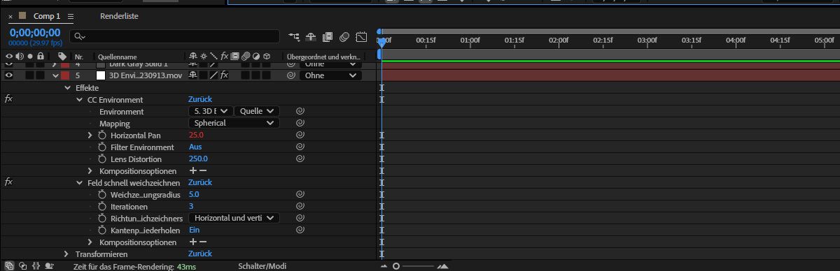 Die Eigenschaften der neuen Lichtebene werden angezeigt, wobei das Umgebungslicht angezeigt wird. Durch diese Aktion wird am unteren Rand der Komposition eine Farbfläche erstellt, wobei „CC Umgebung“ mit der Quellzuordnung des ausgewählten Lichts verknüpft ist und der Effekt „Feld schnell weichzeichnen“ mit 5px angewendet wird, um den Hintergrund weicher zu machen.
