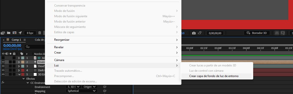 El menú Capa está abierto y se selecciona el submenú de luz de la lista. En el menú Luz, se selecciona la opción Crear capa de fondo de luz de entorno.