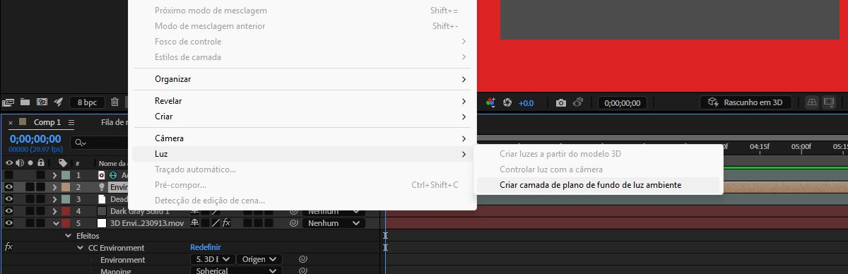 O menu Camada aberto e o submenu Luz selecionado na lista. No menu Luz, a opção Criar camada de plano de fundo de luz ambiente está selecionada.