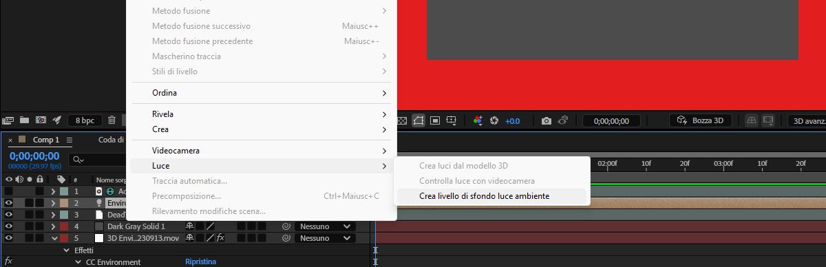 Menu Livello aperto e con il sottomenu Luce selezionato dall’elenco. Dal menu Luce, è selezionato Crea livello di sfondo luce ambiente.