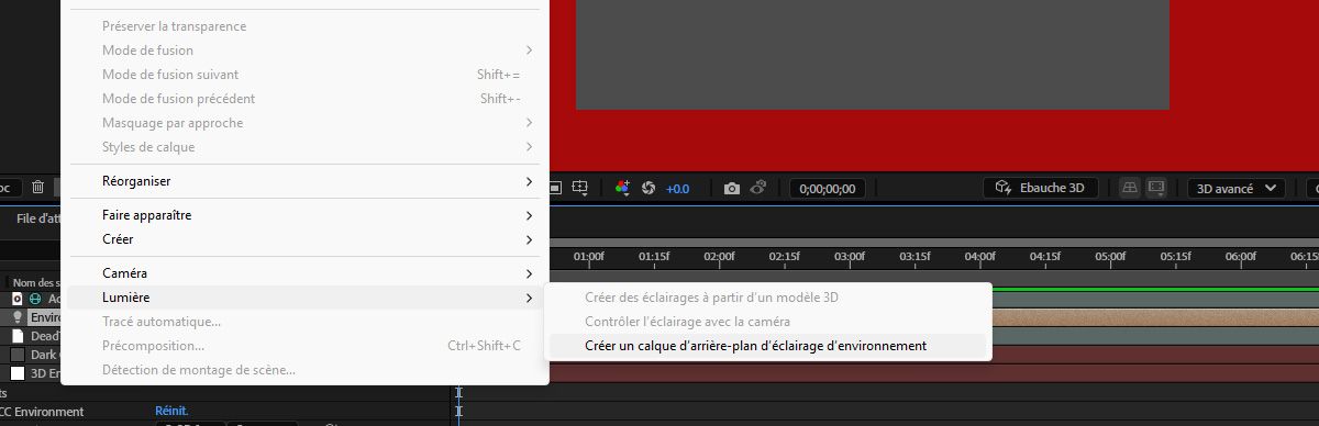 Le menu Calque est ouvert et le sous-menu Lumière est sélectionné dans la liste. Dans le menu Lumière, Créer un calque d’arrière-plan d’éclairage d’environnement est sélectionné.