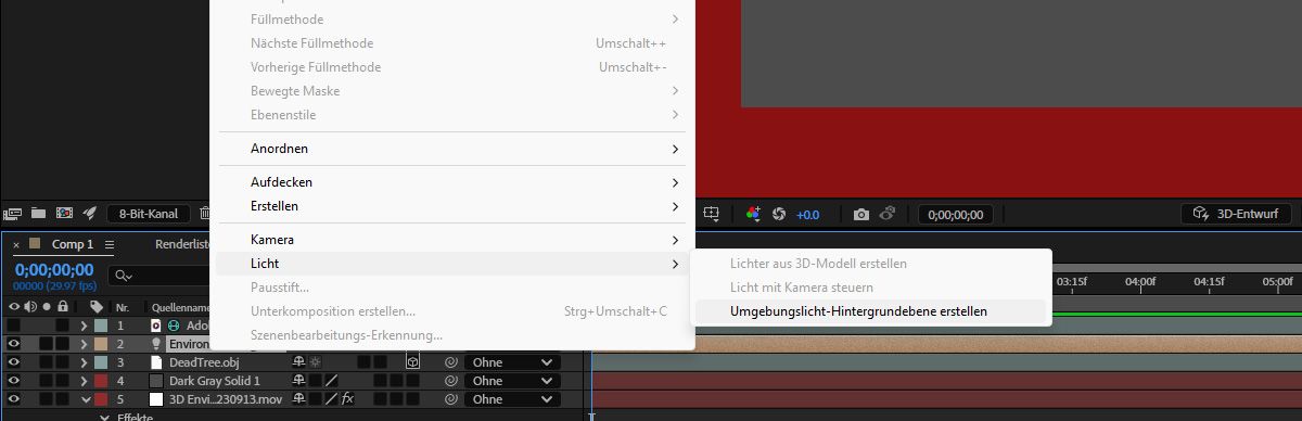 Das Menü „Ebene“ ist geöffnet und das Untermenü „Licht“ ist aus der Liste ausgewählt. Im Menü „Licht“ ist die Option „Umgebungslicht-Hintergrundebene erstellen“ ausgewählt.