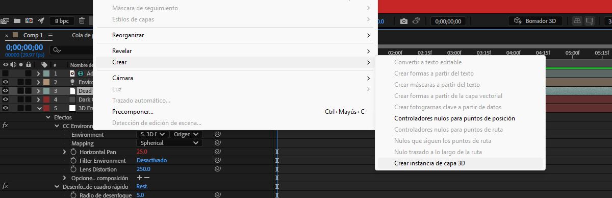 El menú Capa está abierto y, bajo Crear, se selecciona la opción Crear instancia de capa 3D para generar una capa sólida en la parte superior de la composición.