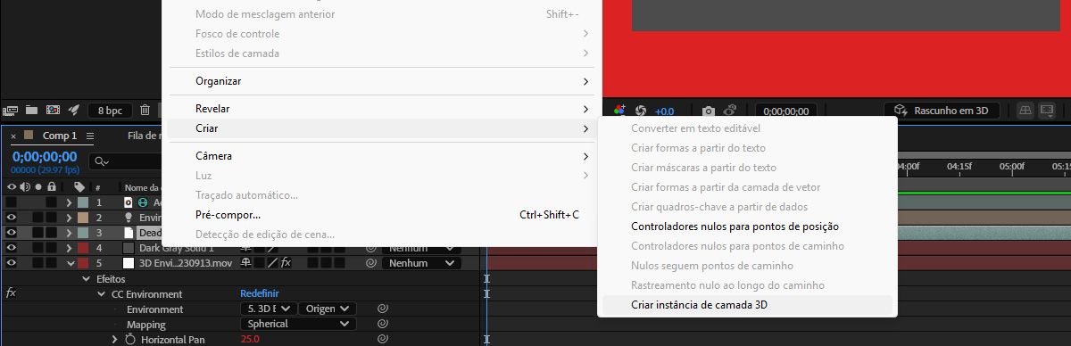 O menu Camada está aberto e, na seção Criar, a opção Criar instância de camada 3D está selecionada para gerar um sólido na parte superior da composição.