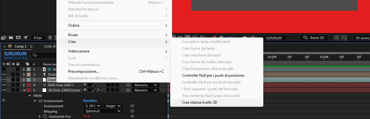 Il menu Livello è aperto e in Crea è selezionata l’opzione Crea instanza livello 3D per generare una tinta unita nella parte superiore della composizione.