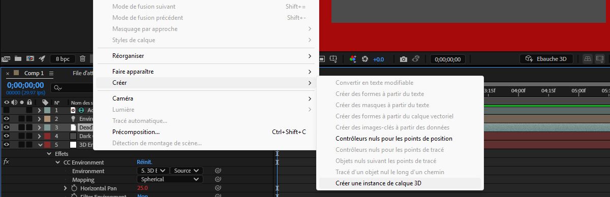 Le menu Calque est ouvert et sous Créer, l’option Créer une instance de calque 3D est sélectionnée pour générer un solide en haut de la composition.