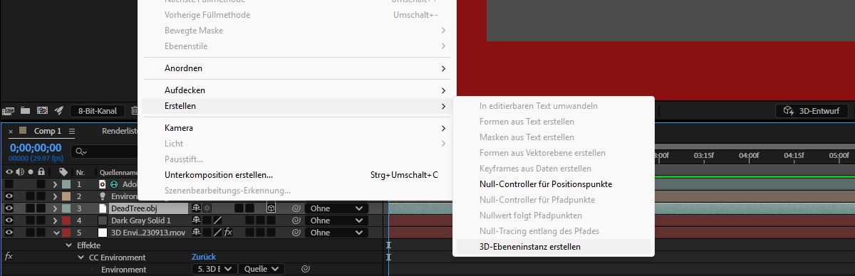 Das Menü „Ebene“ ist geöffnet und unter „Erstellen“ ist die Option „3D-Ebeneninstanz erstellen“ ausgewählt, um oben in der Komposition eine Farbfläche zu generieren.