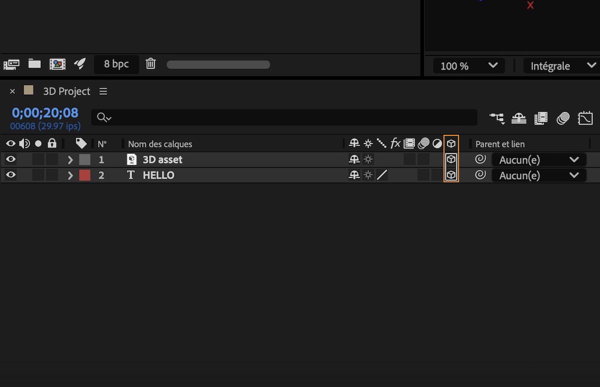 Activation du bouton (bascule) Calque 3D d’un calque de texte dans une composition.