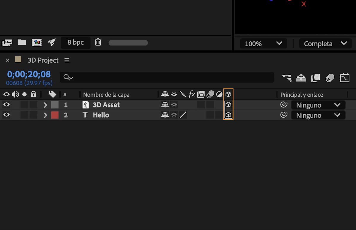 Definidor de capa 3D activado para una capa de texto de una composición.
