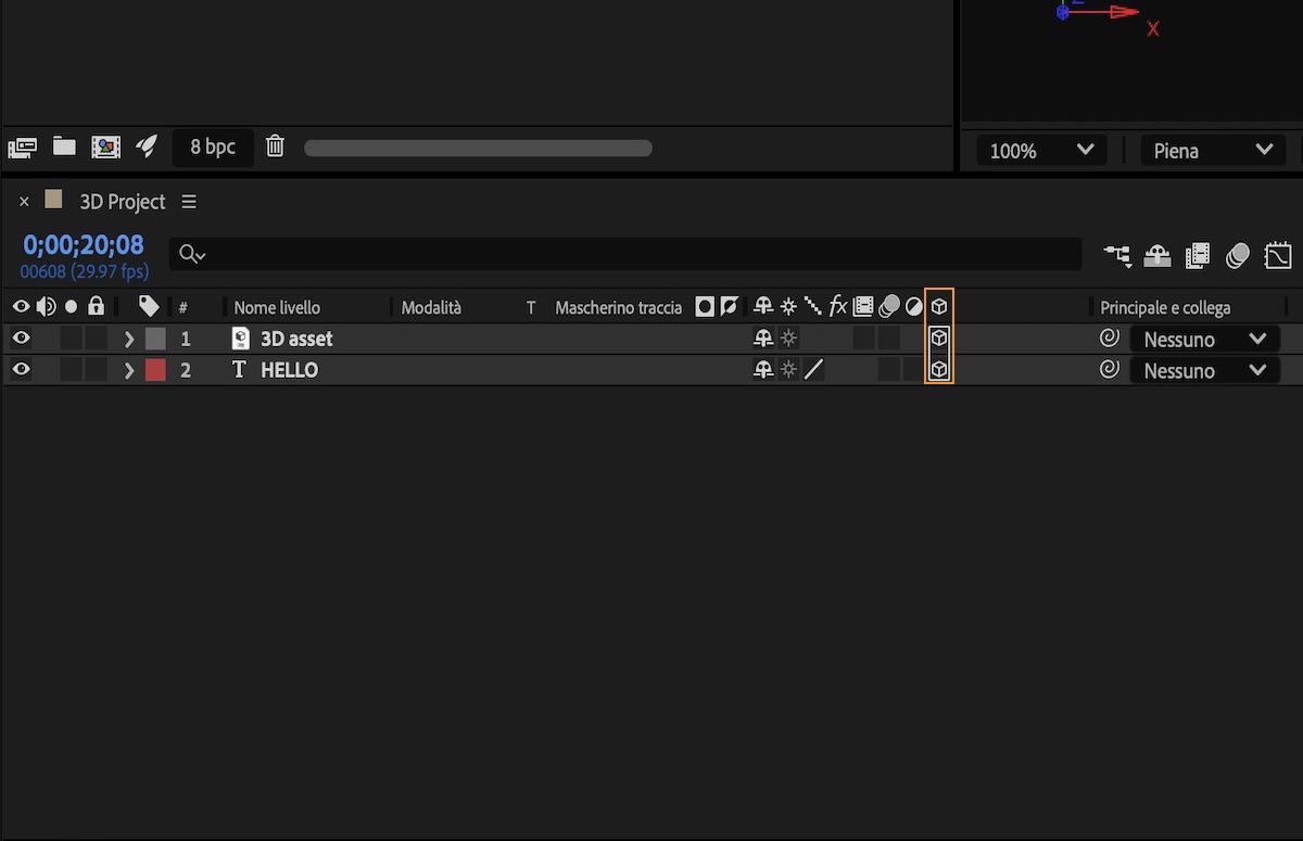 Opzione Livello 3D attivata per un livello di testo in una composizione.