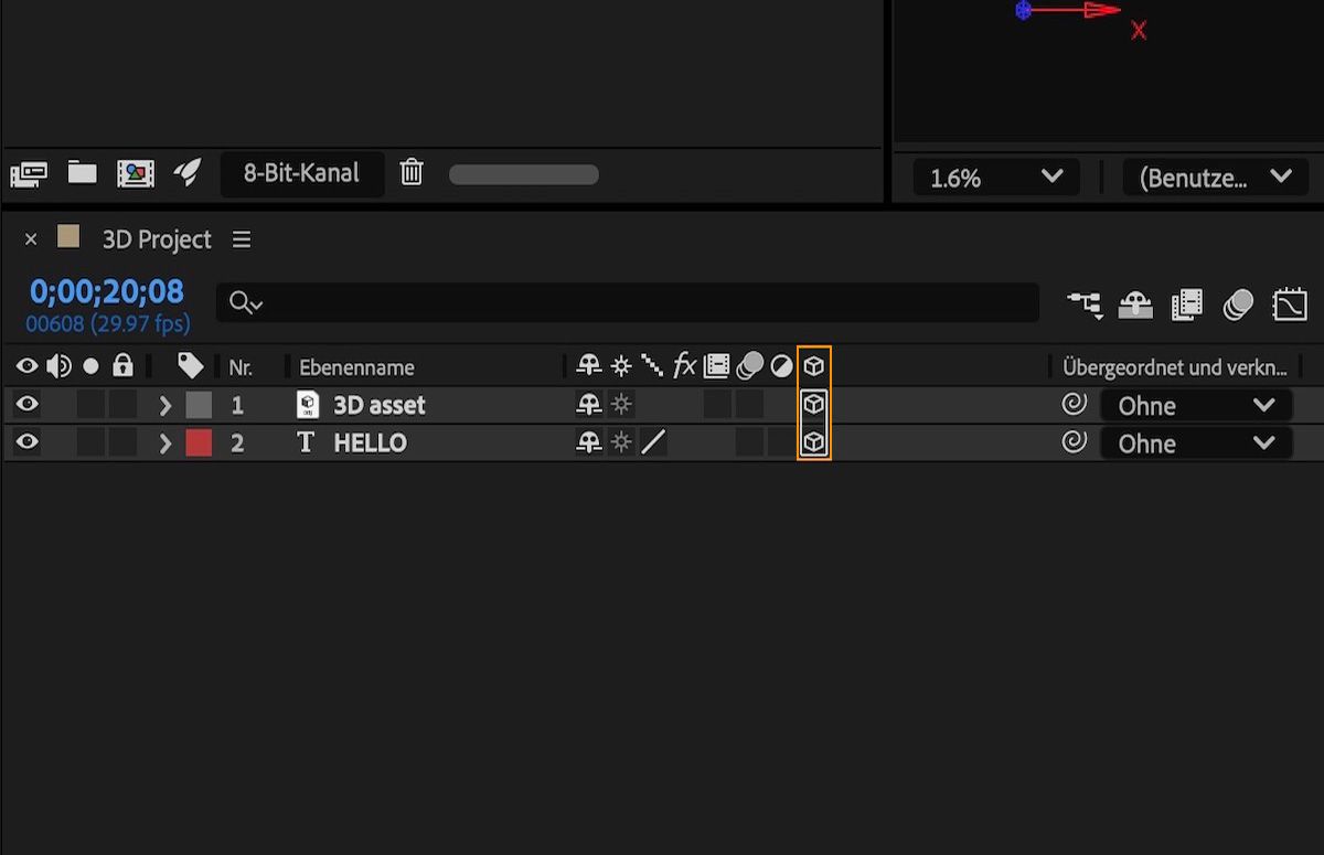 Schalter „3D-Ebene“ für eine Textebene in einer Komposition aktiviert.