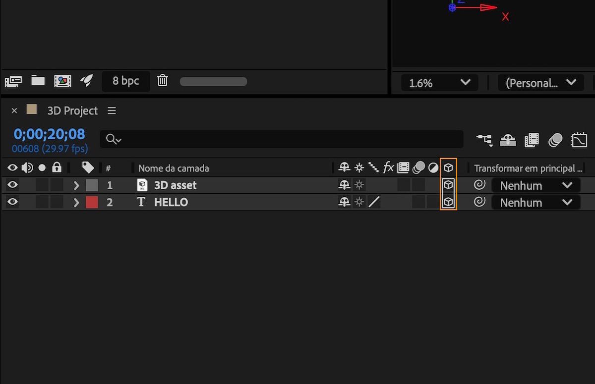 Opção camada 3D ativada para uma camada de texto em uma composição.