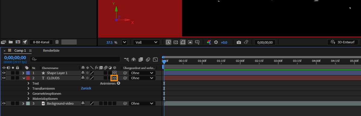 Im Bedienfeld „Zeitleiste“ ist der Schalter „3D-Ebene“ aktiviert.