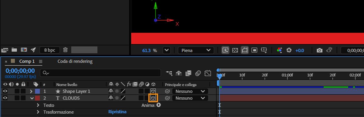 L’opzione del Livello 3D viene attivata per il livello nel pannello Timeline.