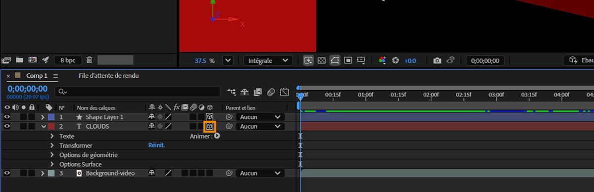 L’option Calque 3D est activée pour le calque dans le panneau Montage.