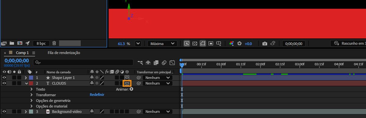A opção Camada 3D é ativada para uma camada no painel Linha do tempo.