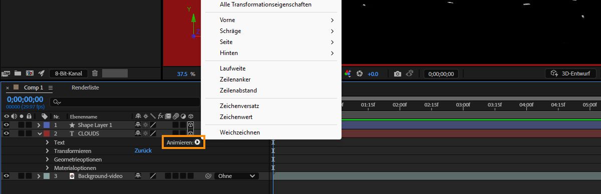 Das Menü „Animieren“ für eine Ebene ist geöffnet und die Option „Zeichenweise 3D aktivieren“ ist hervorgehoben.